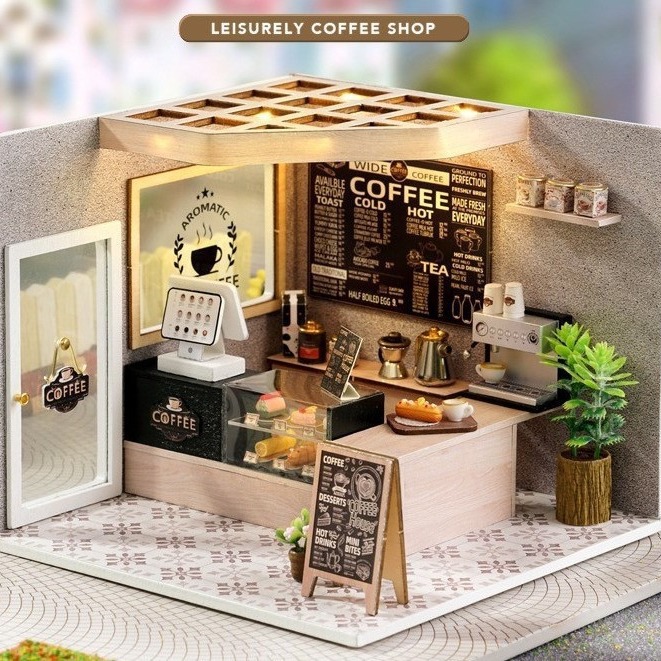 DIY Wooden Miniature Café Kit – 3D Coffee Shop House Model for Adults, Handcrafted Assembly Kit