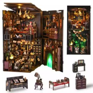 DIY Wooden Book Nook Kit – Magic House 3D Miniature Bookend Model with LED Lights